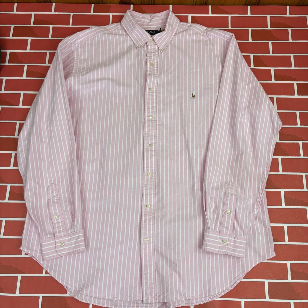 Polo Ralph Lauren Striped Shirt Mens 2XLT Pink Cotton Button-Down Long Sleeve